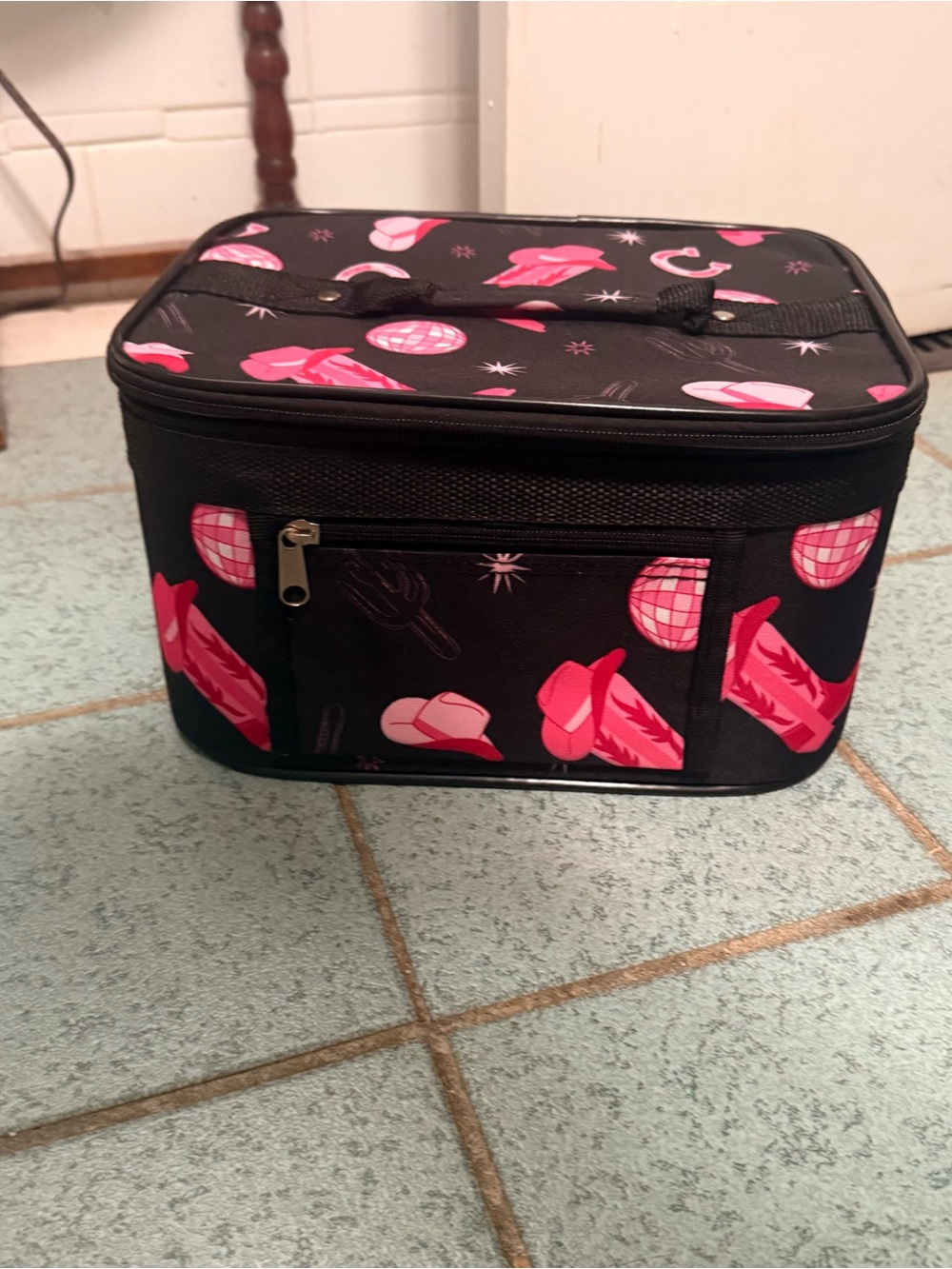 Black and Pink Cowboy Print Travel Cosmetic Bag